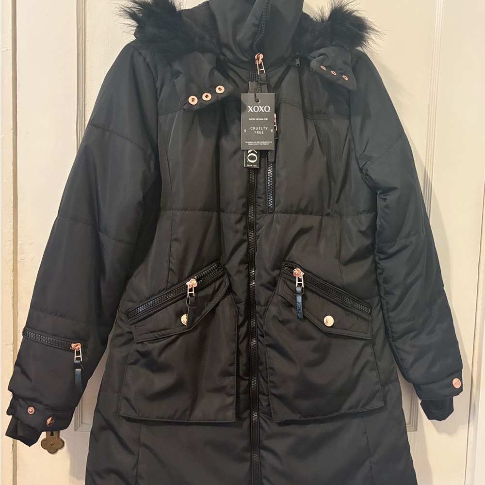 XOXO Black Puffer Coat with Faux Fur Hood
